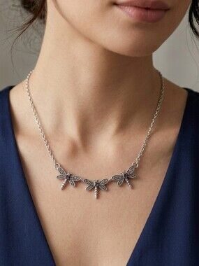 N4169 Silvertone Triple Dragonfly Necklace with Purple Crystal Accents